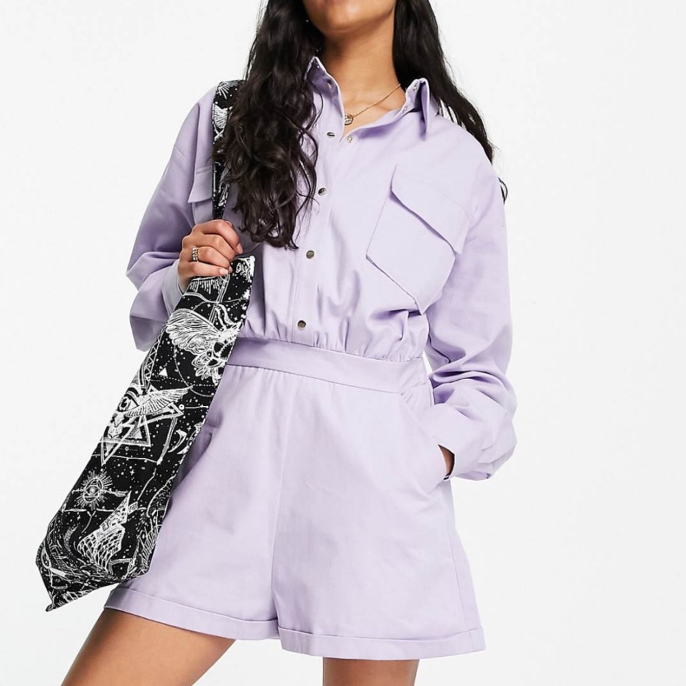 Sold out asos design snap-front utility romper in lilac